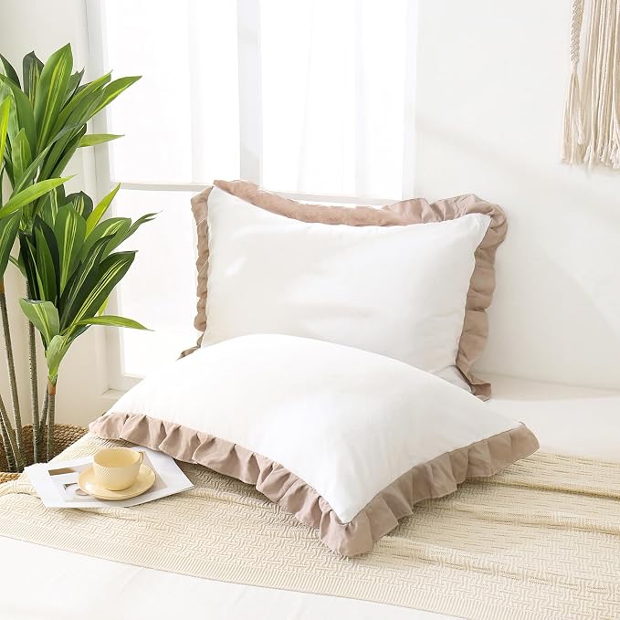 Merryword Taupe Pillow Shams White and Taupe Reversible King Pillowcases Cute Pillow Cover Set of 2 Soft Shabby Chic Ruffled Pillowcases 2 Pack (King (20''x36''), White Taupe)