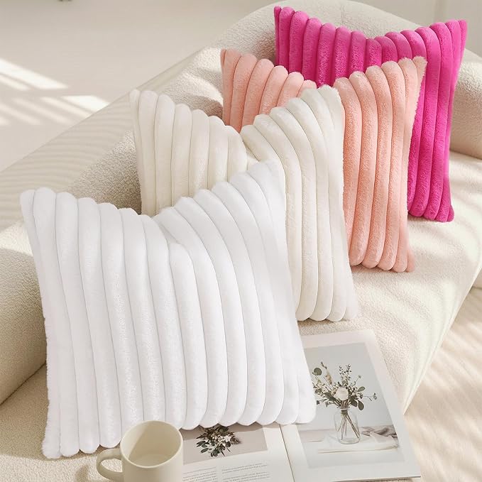 decorUhome Fall Faux Fur Throw Pillow Covers 18x18 Set of 2 Blush Pink | Decorative Soft Cozy Striped Plush Modern Farmhouse Boho Couch Pillow Cases Velvet Back for Sofa Bed Living Room Home Decor