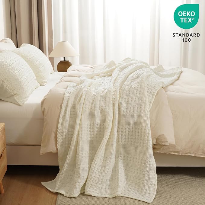 PHF Lightweight 100% Cotton Waffle Throw Blanket for Couch, Cannoli Cream | Pre-Washed Soft Cotton Comfort, Breathable Layering Warmth for Fall & Winter, Office, Travel, Sofa, Home Decor & Gifts