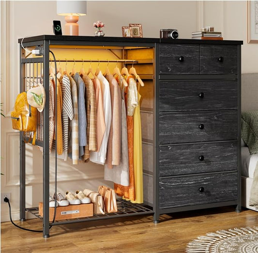 EnHomee 49.2" W Dresser with Hanging Rack & 6 Drawers, Grid Panel & 4 Hooks | Featuring LED Lights and Charging Station, Wooden Top Organize Unit for Bedroom, Chest of Drawers with Steel Frame, Black