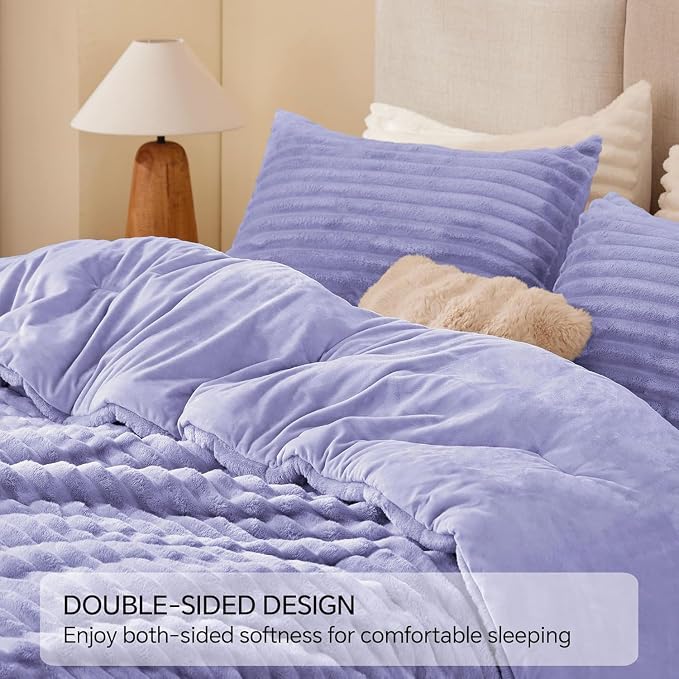 BEDELITE Fleece Full Comforter Set, Fluffy Bed Set, Lavender | Super Soft & Warm Bedding, Luxury Fuzzy Faux Fur Comforter for Winter, Heavy Plush Bedding, with 2 Pillowcases