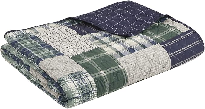 Madison Park Patchwork Farmhouse Green/Navy Queen Quilt Set, 3pc | Diamond Quilted, Reversible Coverlet Set, Plush Cotton Filled, Lightweight, Machine Washable, Easy Care, All-Season, Cozy
