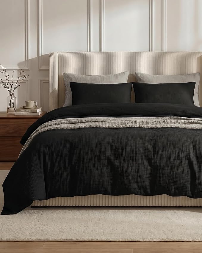 SE SOFTEXLY Muslin Duvet Cover King Size, 100% Washed Cotton Duvet Cover Set, Ultra Soft Comforter Cover Linen Like, 3 Pieces Minimalist Gauze Duvet Cover with 2 Pillowcases, 90"x104", Black