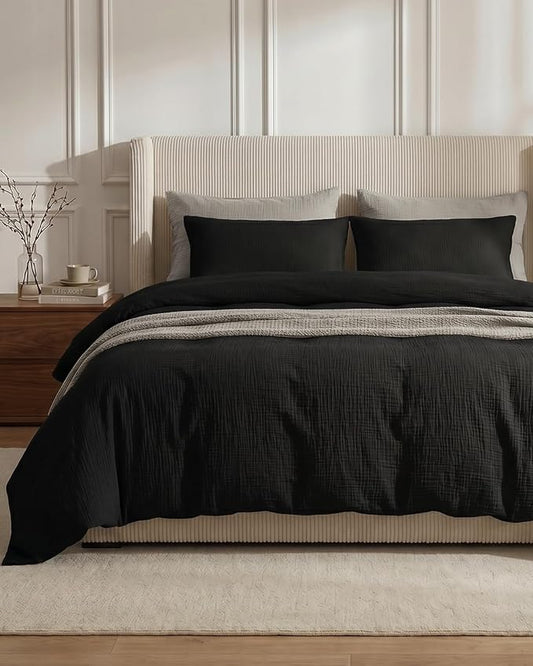 SE SOFTEXLY Muslin Duvet Cover King Size, 100% Washed Cotton Duvet Cover Set, Ultra Soft Comforter Cover Linen Like, 3 Pieces Minimalist Gauze Duvet Cover with 2 Pillowcases, 90"x104", Black