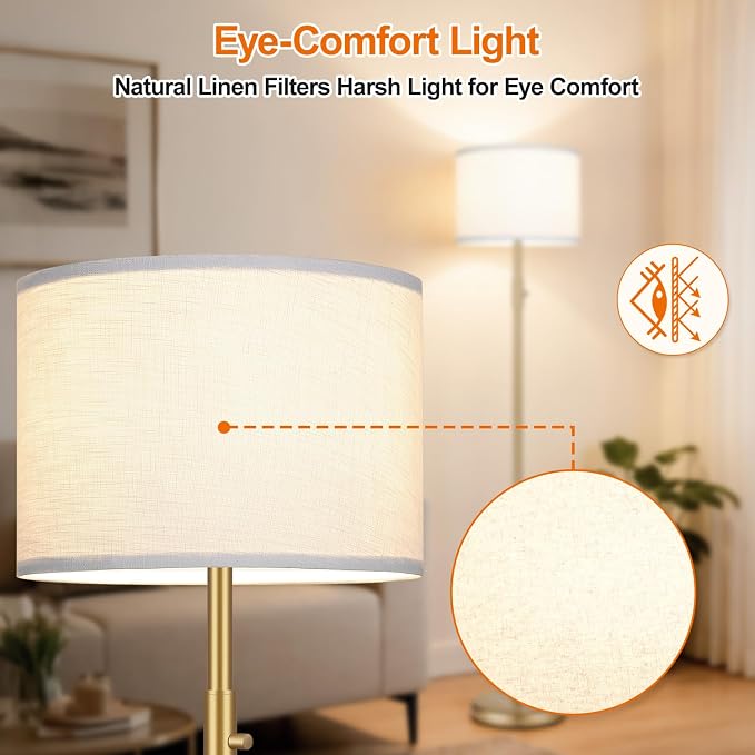 【Upgraded】 Dimmable Gold Floor Lamps for Living Room, 9W LED Bulb Included, Modern Standing Lamp with White Lamp Shade, Tall Pole Light for Bedroom Reading Office Corner Nursery