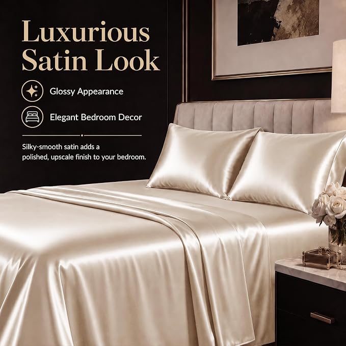 CozyLux Satin Sheets Queen, 4-Piece 14-Inch Deep Pocket Sheet Set | OEKO-TEX Certified Silky Soft Sheet Set for Hair & Skin, Luxurious Silky-Smooth Satin for Elegant Bedroom Decor, Champagne