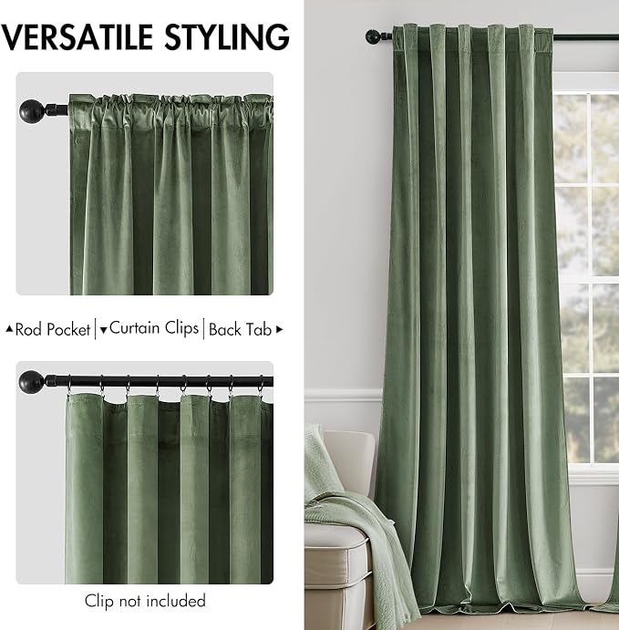 MIULEE Sage Green Velvet Curtains 52x84 inches Luxury Blackout Curtains | Thermal Insulated, Super Soft Window Drapes for Bedroom Living Room, Rod Pocket & Back Tab