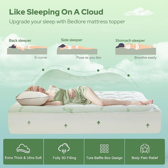 BEDLORE Queen Mattress Topper Viscose Bamboo, Thick Pillow Top Mattress Pad | Stretchable Pockets Fit 6”-18” Mattress, Soft Breathable Mattress Topper for Back Pain Relief and Hot Sleepers(Green)
