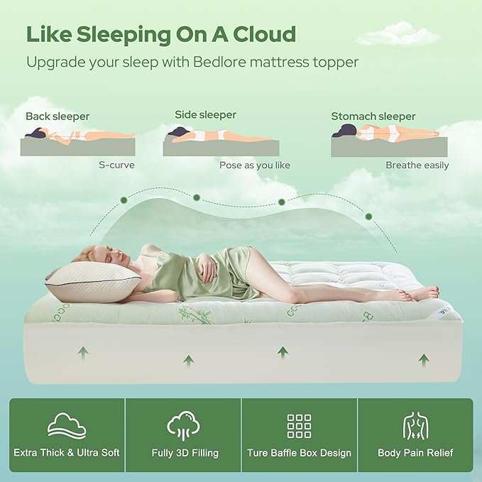 BEDLORE Twin Mattress Topper Viscose Bamboo, Thick Pillow Top Mattress Pad | Stretchable Pockets Fit 6"-15" Mattress, Soft Breathable Mattress Topper for Back Pain Relief and Hot Sleepers(Green)