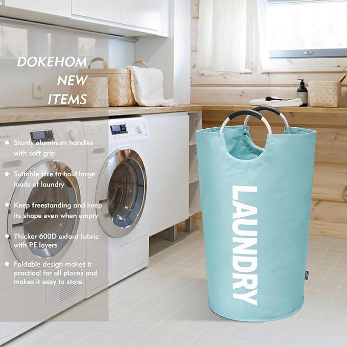 DOKEHOM 125L X-Large Collapsible Washing Laundry Basket Bag (7 Colors) for Bedroom, Fabric (Light Blue, XL) | Freestanding tall washing bin & foldable laundry bag. Extra large clothes storage basket with durable sturdy handles