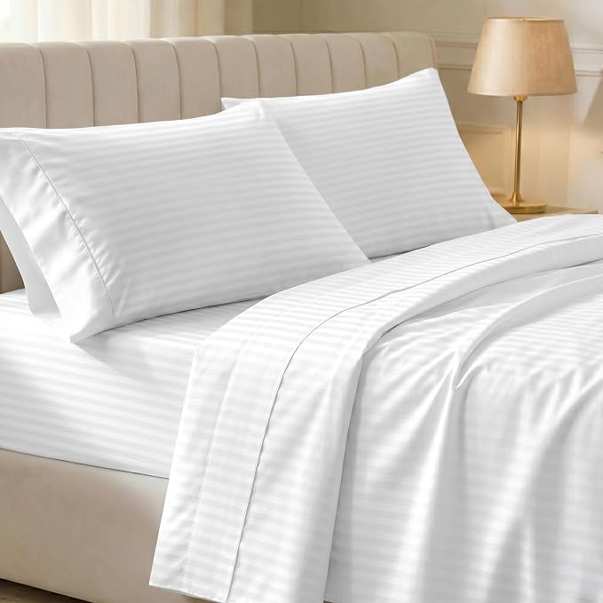 California Design Den 100% Cotton Sateen Twin Bedding Sheets Set, 3 Pcs | 400 Thread Count Backed by Good Housekeeping Seal, All-Around Elastic, Durable, Easy Care, OEKO-TEX certified - Striped White