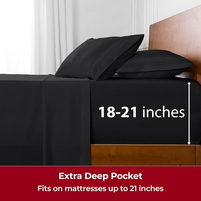 Mellanni Iconic 4-Piece, Ultra Soft Sheet Set (California King, Black) | 10M+ Sleepers. Lab-tested: Sleeps Cool, Stays Bright, Strong, Smooth. Good Housekeeping Best Bedding, 7 yrs running.