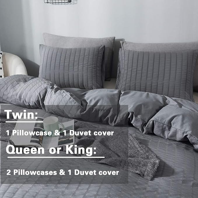 AveLom Gray Duvet Cover Queen Size, Textured Seersucker Duvet Cover Set, Soft Washed Microfiber with Zipper Closure and Corner Ties, 3 Pieces, 90" x 90" Duvet Cover & 2 Pillowcases
