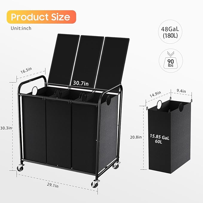 180L Laundry Sorter 3 Section, Rolling Laundry Basket with Wheels and Lid | 47.55 Gal Laundry Hamper, 3 Separated Removable Bags, Lockable Wheels, Dirty Clothes Hamper for Laundry Room Organizer, Black