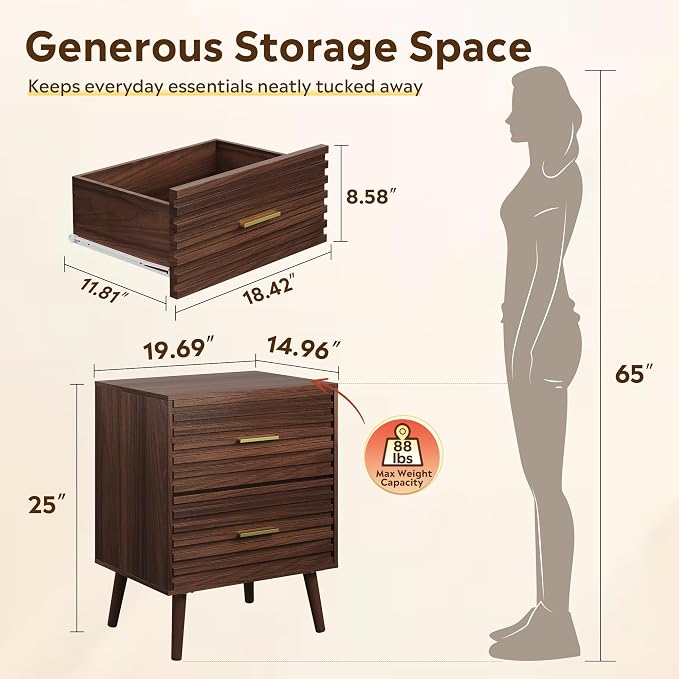 WLIVE Nightstands Set of 2, Mid Century Modern Bedside Tables with Fluted Drawers, Walnut Wood End Table with Storage for Bedroom, Accent Furniture
