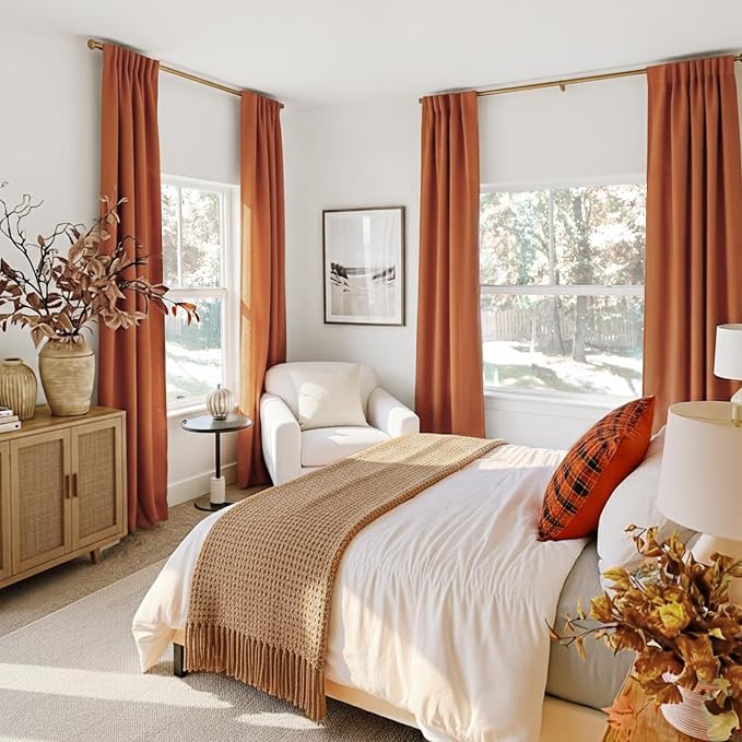 INOVADAY 100% Blackout Linen Curtains for Bedroom 50x96 Inches Burnt Orange | Linen Textured, Light Blocking, Room Darkening, Thermal Insulated, Back Tab Top, Window Curtains for Living Room, 2 Panels