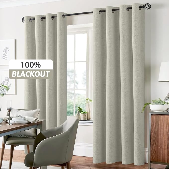 Yakamok Cream Linen Textured Curtains 90 Inches Long for Living Room | 100% Blackout Curtains,Room Darkening Curtains,Thermal Grommet Bedroom Curtain 2 Panels with Greyish White Liner,52W x 90L