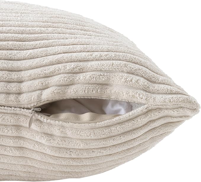 Volcanics Set of 4 Beige Cream Corduroy Couch Throw Pillow Covers 18x18 in | Decorative Modern Double-Sided Striped Cushion Cases, Soft Boho Square Accent Pillow Covers, Mix and Match for Home Decor