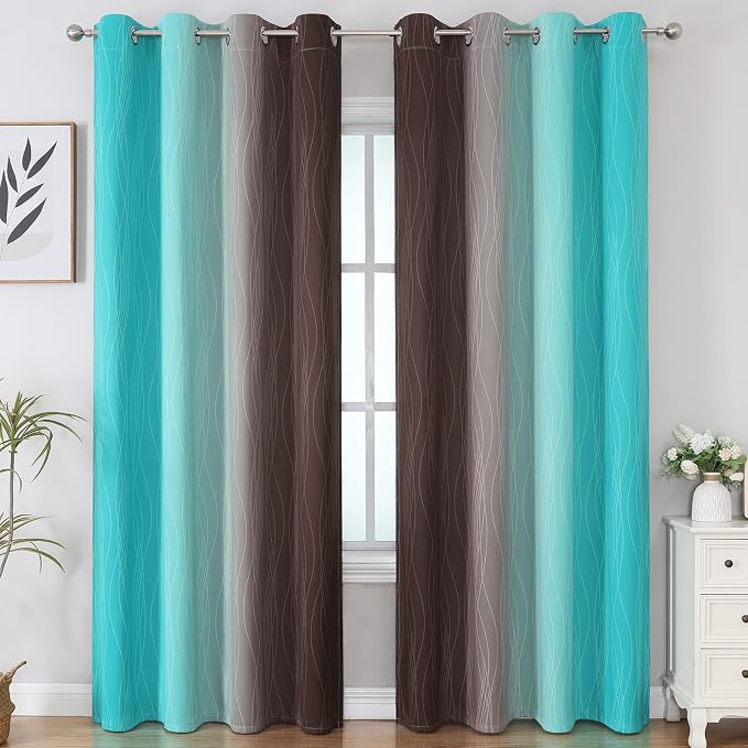 Brown and Teal Ombre Blackout Curtains for Bedroom 96 Inch | Light Blocking Gradient Curtains for Living Room,Thermal Insulated,Room Darkening Grommet Window Drapes,52Wx96L,2 Panels Set