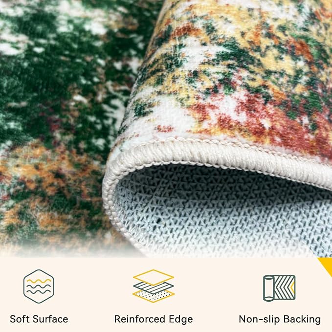 RELEANY Washable 9'x12' Abstract Area Rug for Living Room Green Multi | Carpet for Bedroom, Kitchen, Office, Hallway and Entryway, Printed Pattern, Non‑Slip, Soft, Stain‑Resistant, Easy to Clean