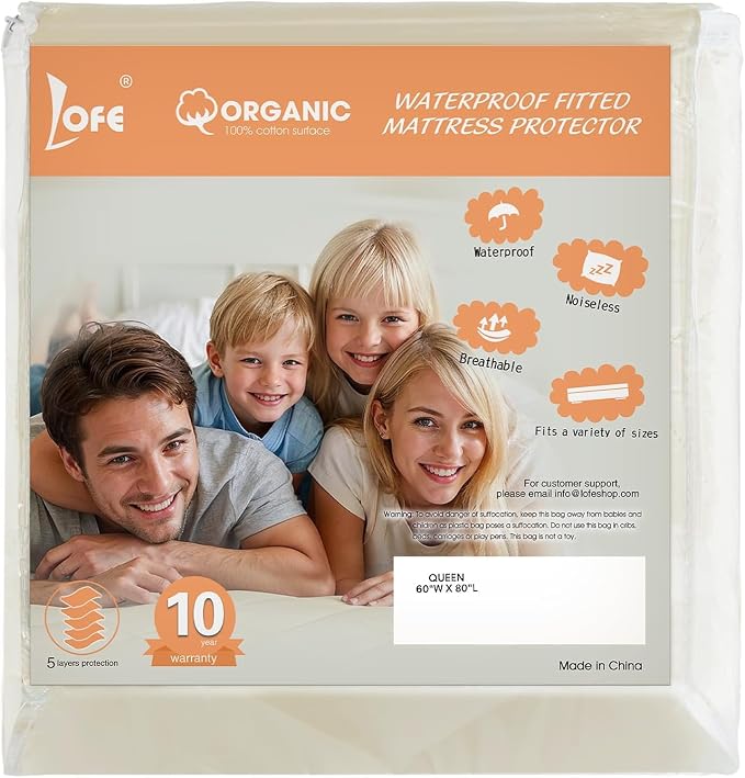 Organic Queen Mattress Protector -Top&Side 100% Waterproof Protector | Organic Mattress Protectors for bed | 5-Sided Waterproof Protection | Noiseless & Breathable | Queen Size 80x60x17 in