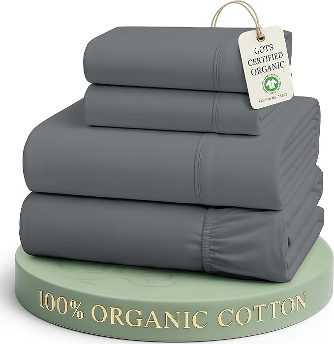LANE LINEN California King Sheet Set 100% Organic Cotton Cooling - Charcoal | GOTS Certified Organic Cotton Percale Cal King Sheet Set - Soft From The First Wash, Crisp Cool Percale Weave