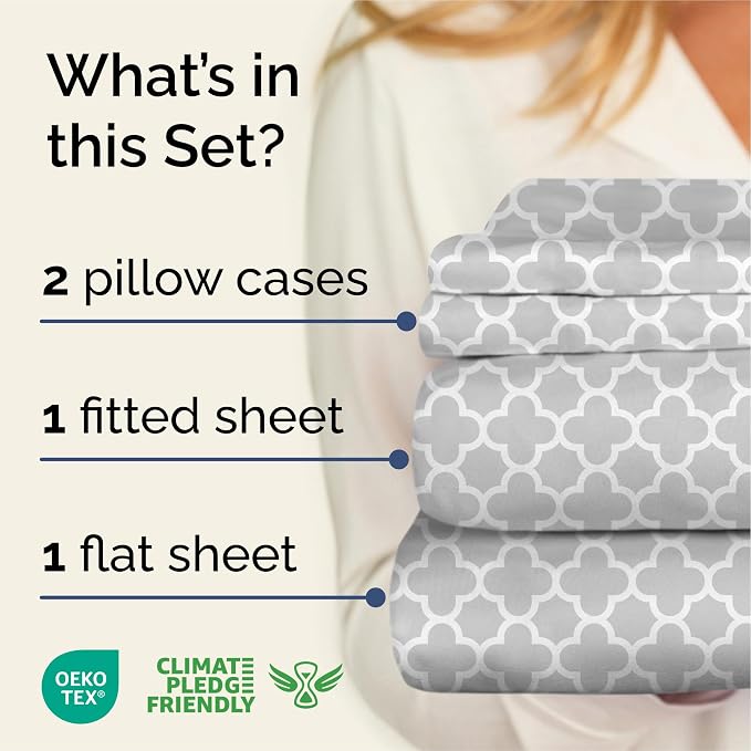 Cal King 4 Piece Striped Sheet Set - Breathable & Cooling - Gray Clover | 1 Flat, 1 Fitted & 2 Pillowcases w/ Deep Pockets, Luxury Striped Bedding, Soft, Breathable & Cooling, Wrinkle & Fade Free