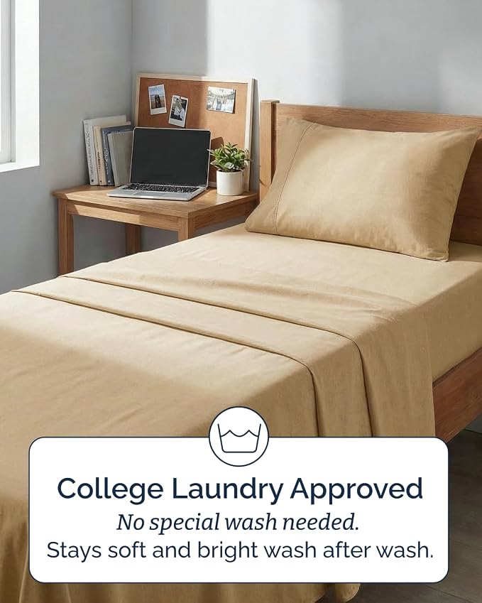 Twin XL 4 Piece Sheet Set - College Dorm Room Essentials - Heathered Tan | Ultra Soft Dorm Bedding Set, 8" to 16" Inch Deep Pockets, 1 Flat & 1 Fitted Sheet & 2 Pillowcases, Wrinkle & Fade Free