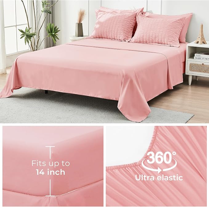 HYMOKEGE Rose Pink King Size Comforter Set Seersucker 7 Pieces, All Season Luxury Bed in a Bag for Bedroom, Bedding Set with Comforter, Sheets, Pillowcases & Shams