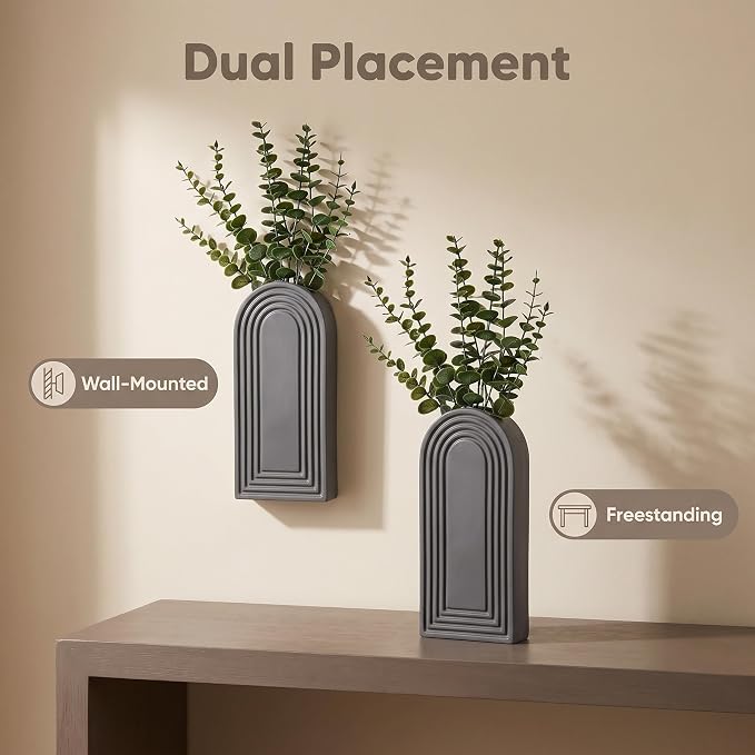 Dnnnii 2 Pack Wooden Wall Vase Set - Gray Finish Modern Farmhouse & Boho Wall Decor for Entryway, Hallway, Bathroom, Living Room, Dining Room, Narrow Spaces