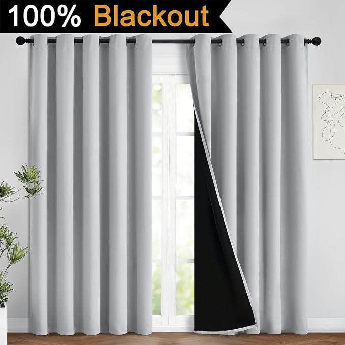 Yakamok Light Grey 100% Blackout Curtains 96 Inches Long 62" Wide 2 Panel | Blackout Curtain Panels for Bedroom, 2 Thick Layers Grommet Top Thermal Insulated Drapes with Black Liner for Living Room