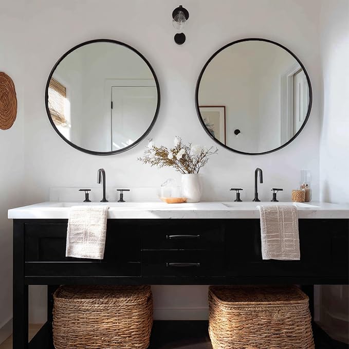 Round Mirror 22 inch, 2 Pack Black Circle Mirror, Matte Metal Frame | Matte Metal Frame, High Definition Mirror, Waterproof, Suitable for Bedroom, Bathroom, Entryway, Living Room, Vanity