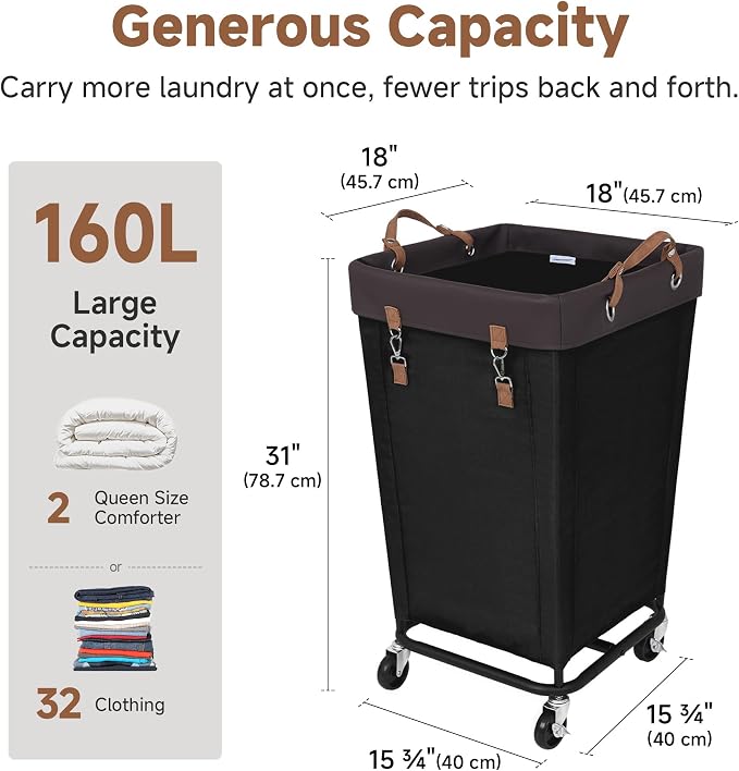 StorageWorks 160L Laundry Basket with Wheels, Rolling Hampers for Clothing | Black Laundry Basket with Wheels, Metal Frame & Handles, Rolling Hamper for Bedroom, Bathroom, Dorm, Hotel