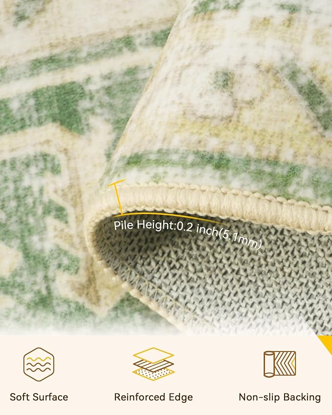 RELEANY Washable Area Rug, Small 2'x4', Green/Yellow | Non-Slip, Water Repellent, Pet Friendly, Easy to Clean, Vintage Floral Boho Decor for Kitchen Entryway Bathroom