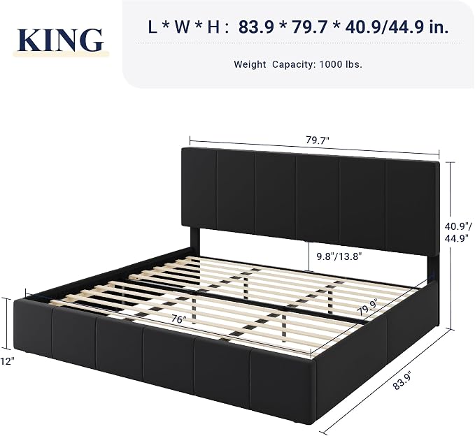Allewie King Size Dutch Velvet Upholstered Platform Bed Frame/Vertical Channel Tufted Adjustable Headboard/Low Profile Bed Frame/No Box Spring Needed/Easy Assembly/Black