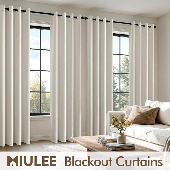 MIULEE Ivory Blackout Bedroom Curtains Drapes 96 Inch Long 52"x96" | Grommet Top, Room Darkening Window Drapes, Privacy Protection, Thermal Insulated, Heat Blocking, Light Blocking
