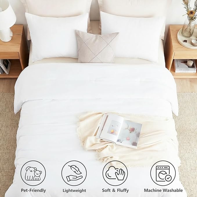 Full Comforter Set, 3 Pieces Down Alternative Bedding, White | 270 GSM All Season Comforter with 4 Corner Ties for Use as a Duvet Insert, OEKO-TEX Certified, 2 Pillowcases, 82 x 86 in