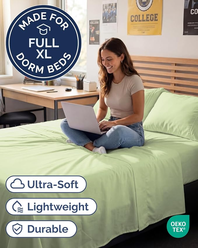 Full XL Sheets - 4 Piece Full XL Sheet Set - Breathable - Light Sage Green | Hotel Luxury Bedding for Women & Men with Deep Pockets, Ultra-Soft, Comfy, Easy-Fit, Wrinkle Free & Fade Resistant, Oeko-Tex