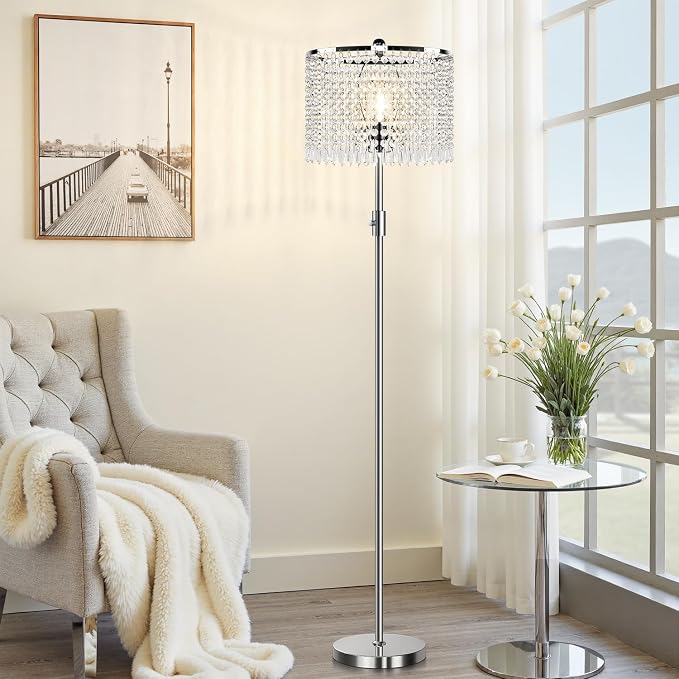 【Upgraded】 Dimmable Crystal Floor Lamps for Living Room, 1000LM LED Bulb Included, Standing Lamp with Knob Switch, Tall Silver Modern Floor Lamp for Bedroom Nursery Office Reading