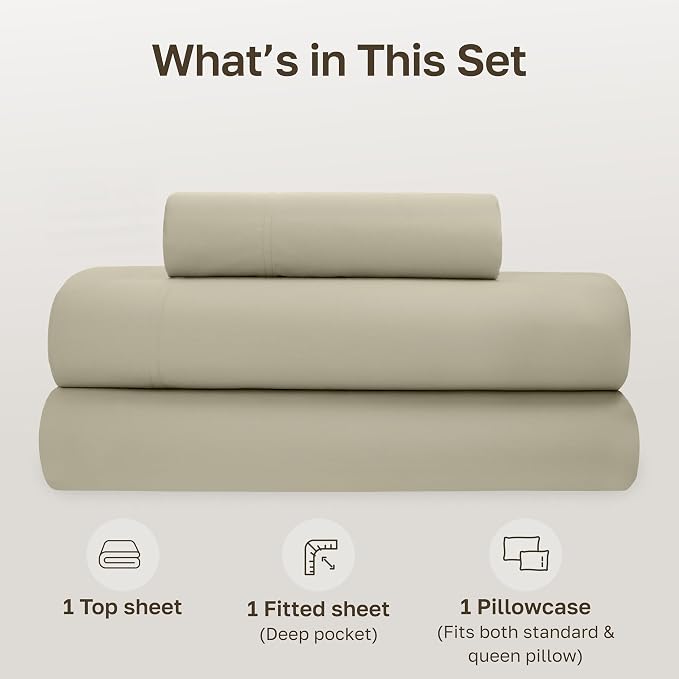 California Design Den Organic Cotton Twin Bed Sheet Set, 3 Pcs, Soft Taupe | GOTS Certified, Lightweight Crisp & Airy Percale For Hot Sleepers, All-around Elastic, Easy Care
