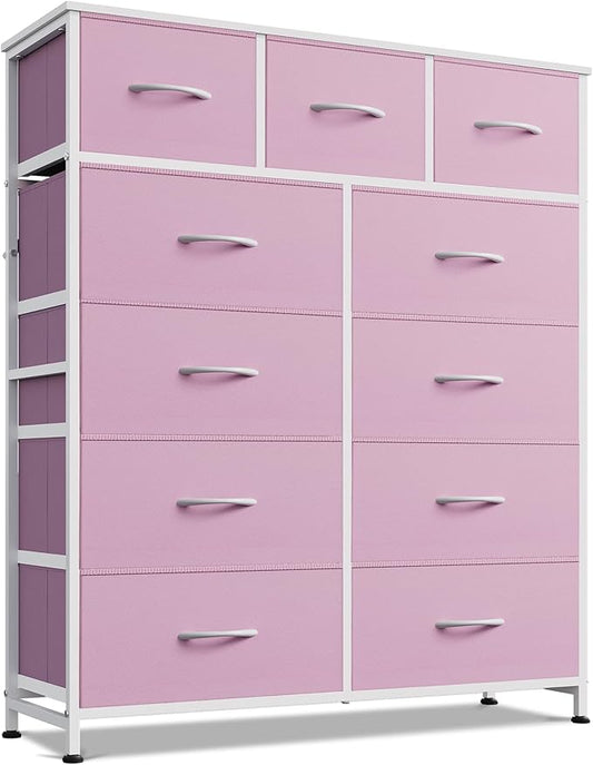 WLIVE 11 Drawer Dresser for Bedroom, Tall Chest of Drawers, A-Pink | 11 fabric storage drawers, Tall high-capacity design, Bedroom or dorm use, Sturdy steel frame, Smooth wood tabletop