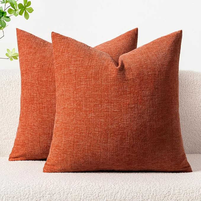 MIULEE Soft Chenille Fall Throw Pillow Covers Rust 18x18 Inch Pack of 2 | Modern Fall Home Decor, Classic Decorative Pillows, Solid Dyed Cases, Boho Couch Cushion Covers for Sofa Bed Living Room