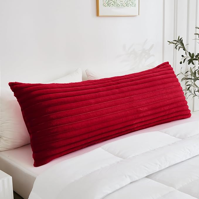 Full Body Pillow with Fluffy Stripe Faux Fur Removable Cover, 7D Fiber Fill, Long Bed Pillow for Adults 20x54 Inches for Side Sleeper and Pregnancy, Burgundy
