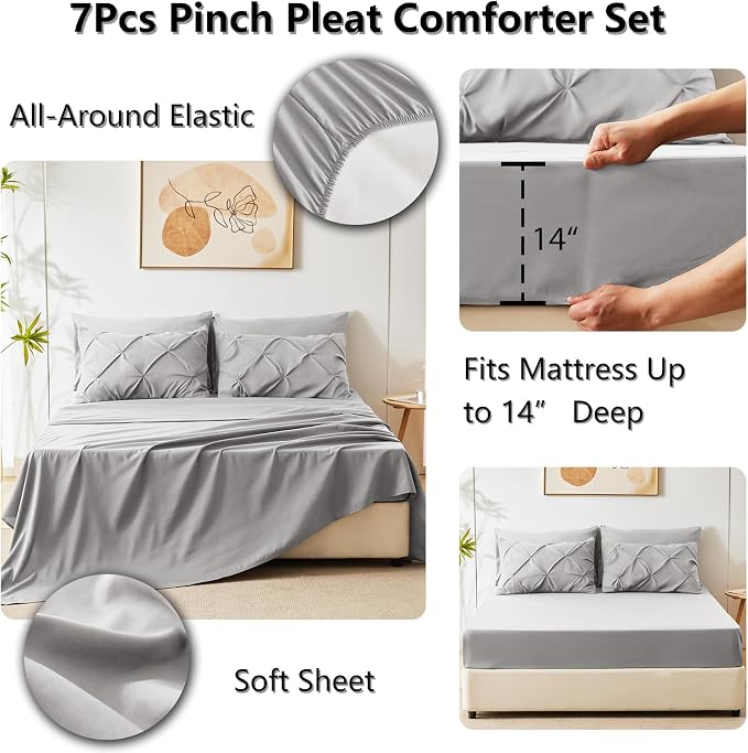 Oversized Queen Comforter Set French Grey, 7 Pieces Bed in a Bag | OEKO-TEX 100 Certified, 240GSM All Season, Bedroom, Guest Room, Down-Alternative Comforter, Sheets, Pillowcases & Shams
