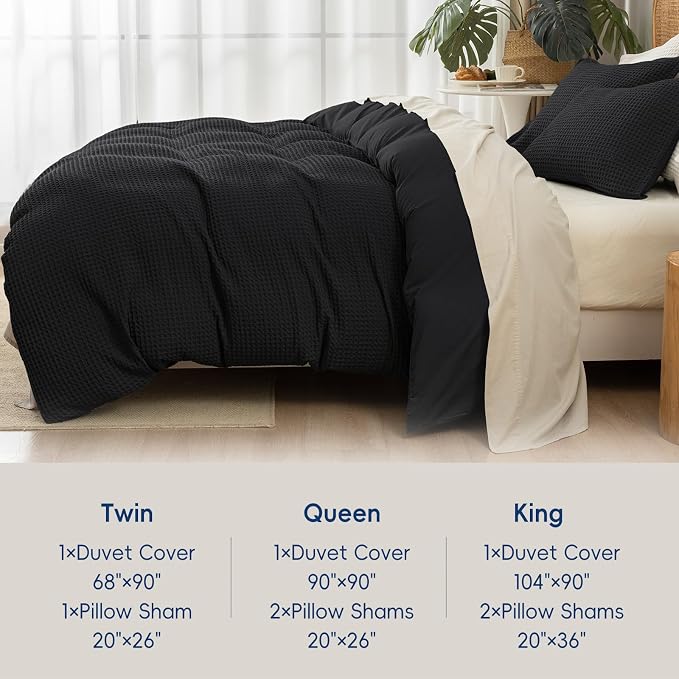 David's Home Soft Textured Waffle Weave Duvet Cover Set, Twin Size, Black | Breathable Cozy for All Season, 300GSM, 2PCS Home Bedding Decor, OEKO-TEX Certified, Hidden Zipper, 6 Corner Ties, 68" X 90"