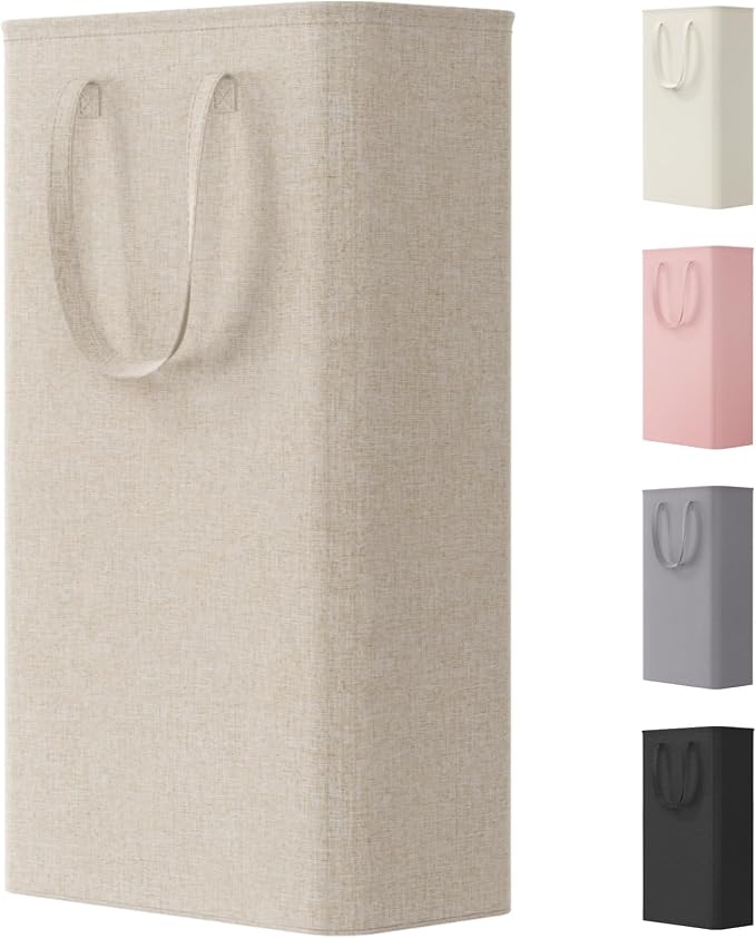 Lifewit Slim Collapsible Laundry Basket with Handles, 65L, Beige | Narrow Laundry Hamper for Dirty Clothes, Tall Thin Laundry Bin, Small Clothes Hamper for Bathroom, Bedroom, RV, Dorm