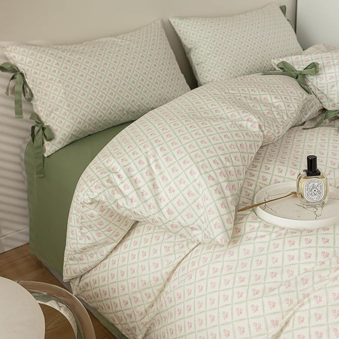 mixinni Red Floral Duvet Cover Set Full Size - 100% Cotton Green Grid Bedding with Bow Ties, 3PC Cottagecore Comforter Cover (1 Duvet Cover + 2 Pillowcases) Vintage Garden Style Soft Aesthetic