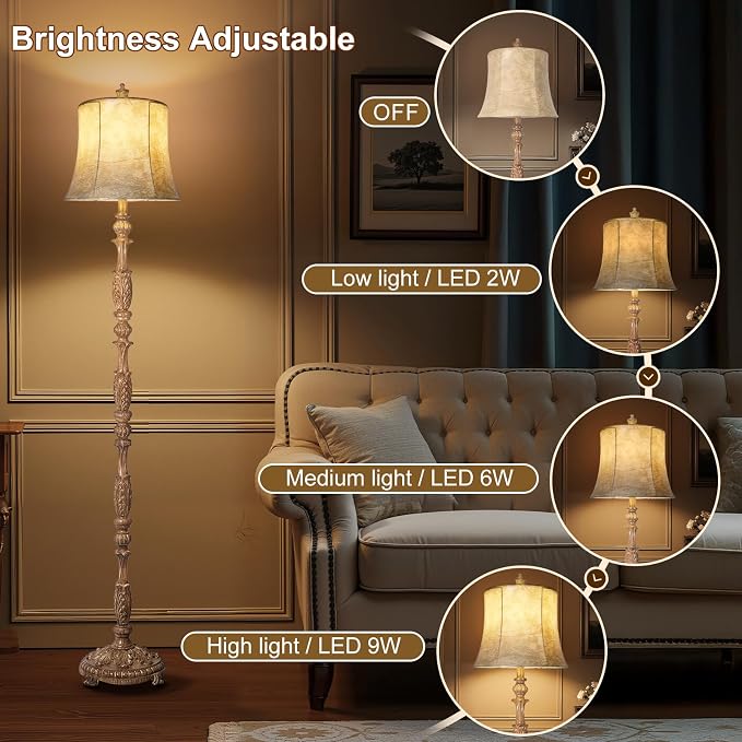 Scenekoy Vintage 66” Tall Floor Lamp for Living Room Bedroom | Resin Carved Standing Lamp with Faux Leather Shade, Adjustable Bulb, Rotary Switch Rustic Lamp for Home Decor (Light Brown)