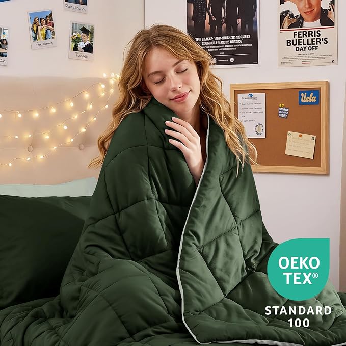 5 Pieces Twin XL Comforter Set, Reversible Bed in a Bag Twin XL Size, All Season Bedding Set with Comforter, Flat Sheet, Fitted Sheet, Pillowcases & Shams, Dark Green & Light Green