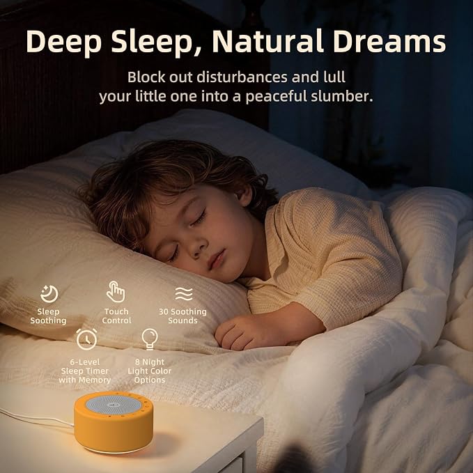Kipcush White Noise Machine for Baby & Adults, 30 Soothing Sounds, Soft Non-Glare Nursery Lamp, 8 Color Night Lights, Memory Function (Angel V3 Orange, Standard)